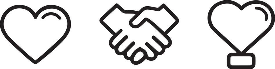 Minimal Line Icons Set. Heart, Handshake, Balloon in Black Outline