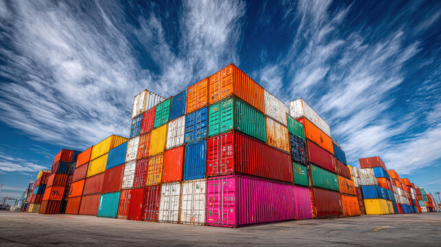 Global Trade: Colorful stacked cargo containers beneath a dramatic sky, symbolizing international trade, logistics, and the global economy.