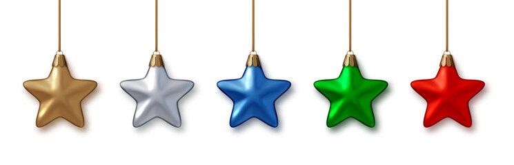 Christmas star baubles isolated. Metallic toy for Xmas tree decoration. Realistic vector illustration for New Year PNG