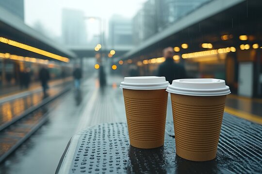 Two ribbed brown coffee cups on wet table at misty train station with lights and blurred people in background