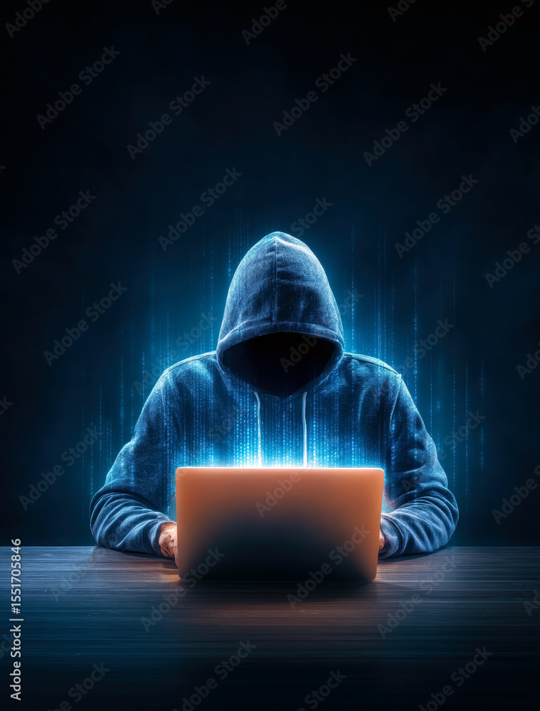 Poster a mysterious figure cloaked in a hoodie engages with a laptop, surrounded by glowing data streams, e