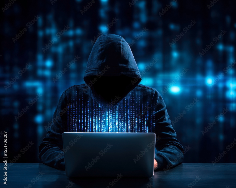 Poster a hooded figure sits in front of a laptop, immersed in a world of binary code.
