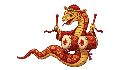 Obraz premium Illustration of a Cartoon Snake Playing Drums in Red and Yellow