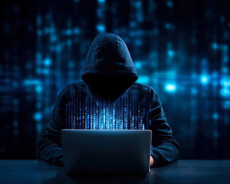 A hooded figure sits in front of a laptop, immersed in a world of binary code.