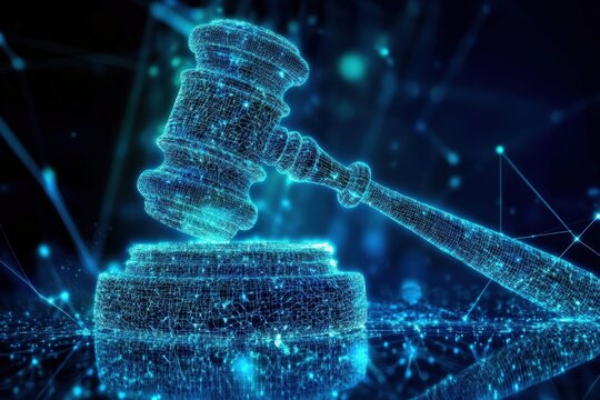 Digital gavel concept showing advanced legal tech with hologram icon.