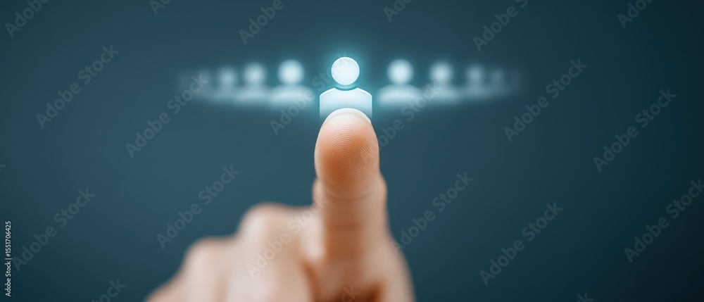 Poster close-up of a human finger pressing a virtual touch button with glowing icons on a digital interface