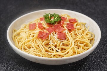 Spaghetti Carbonara is an Italian dish consisting of spaghetti pasta cooked with heavy cream sauce, cheese and meat.