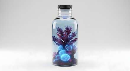 Miniature Red Algae Growing with Luminous Orbs Inside Glass Bottle