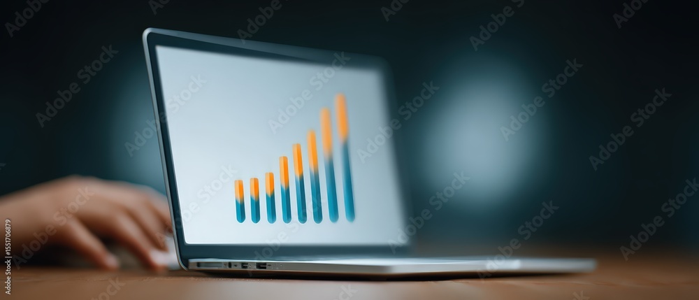 Poster modern sleek laptop with glowing screen displaying colorful increasing bar chart for business analys