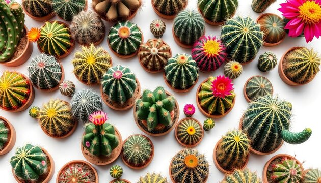 Variety of cacti, diverse shapes and sizes, isolated on white,   gymnocalycium,   turbinicarpus