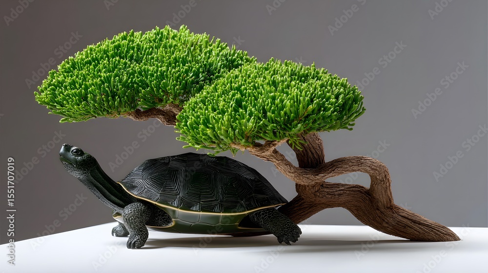 Poster miniature turtle with bonsai-like trees