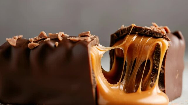 Close-up of caramel-filled chocolate bar, cut open showing gooey caramel
