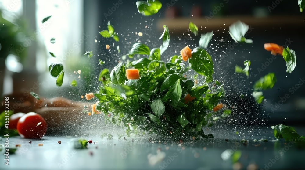 Poster a dynamic image capturing fresh greens and a vibrant explosion of vegetables cascading through the a