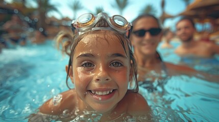 A cheerful girl with swimming goggles beams with joy in a bright pool, capturing the essence of childhood happiness and the carefree spirit of summer fun among friends and family.