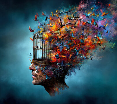 A striking visualization of a human head transforming into a cascade of colorful birds, symbolizing freedom and creativity escaping the confines of thought, represented by an empty birdcage.