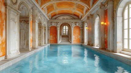 Grand indoor pool in an opulent, ornate palace