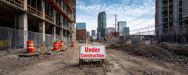 A vibrant cityscape under construction, featuring a prominent "Under Construction" sign amidst piles of gravel and safety barriers, showcasing the dynamic nature of urban development.