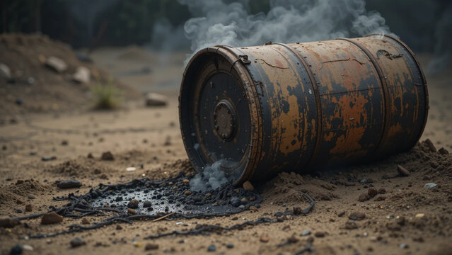Old rusty industrial oil barrels near concrete pipes