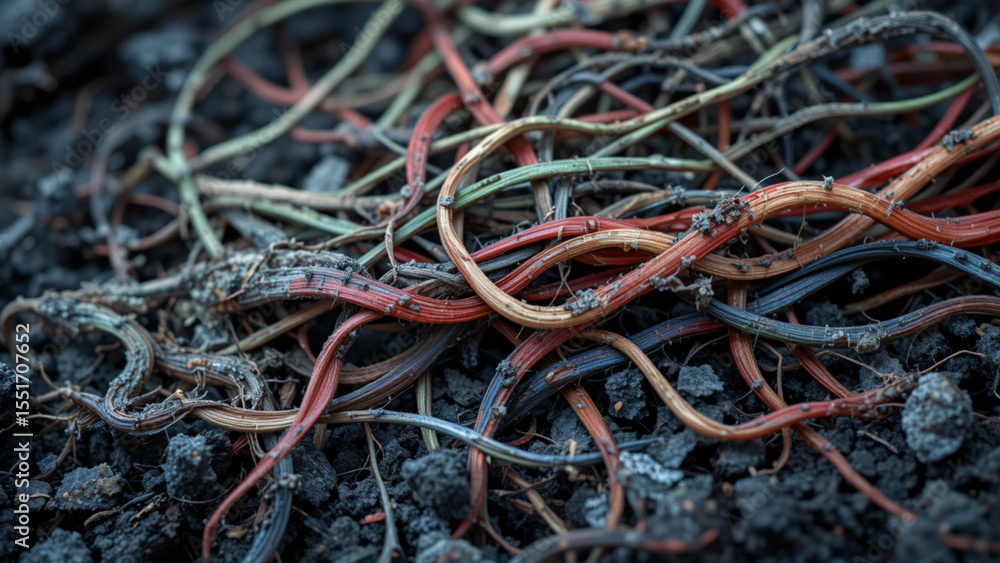 Wall mural tangled old fishing net on a wall with red and green worms, intertwined with colorful elastic bands 