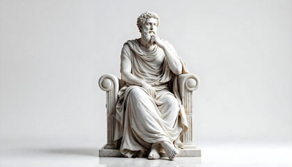 Close-up of detailed ancient Roman philosopher statue on ornate throne.









