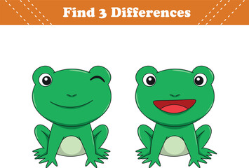 Education game for children find three differences between two frog cartoon. Vector illustration