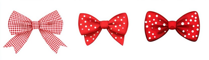 Three Red Bows With Assorted Patterns On A White Background