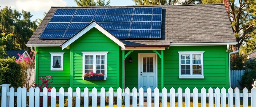Charming green house with solar panels & white picket fence, sustainable, home