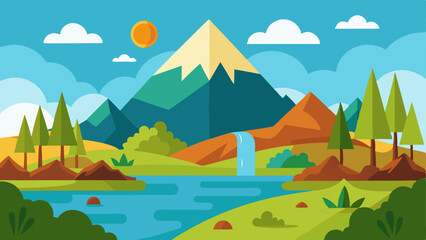 Cartoon mountain landscape with river, waterfall, trees, sun and clouds in a vibrant natural setting