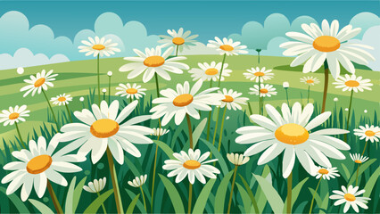 Cartoon field of blooming white daisies with yellow centers in green grass under a blue sky with fluffy clouds