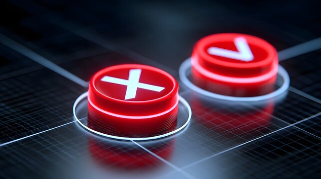 Red X and circular buttons on a dark digital interface