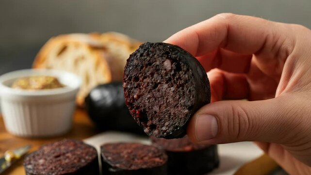 Person holding slice of black pudding, bread and mustard in background