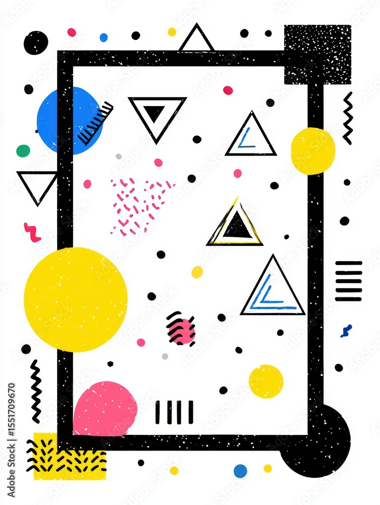 Poster abstract geometric design with triangles circles and a black speckled frame