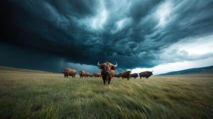 A striking scene of cattle moving through a grassy field against a backdrop of dark, stormy clouds, illustrating the beauty of nature and the power of the elements.