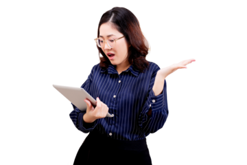 Asian young beautiful woman wearing glasses and a striped shirt holds a tablet, looking surprised and gesturing with her other hand.