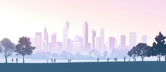 Fototapeta premium Urban Cityscape At Dawn Silhouetted Trees Frame A Modern Skyline