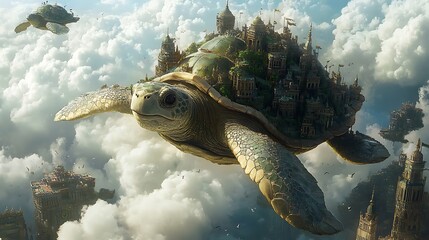 Giant Turtle Carrying a City Through the Clouds: A Fantasy World
