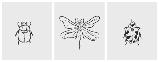 Hand drawn abstract vector graphic illustration collection set with cute, stylized insect bugs sketch.Trendy modern wild nature design concept sketch.Vector line bugs symbol. animal icons