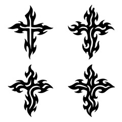 Tribal Cross Symbols – Black Stencil Tattoo Icons with Transparent Background