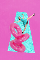 Trend artwork template design 3D collage of vacation water play pile floating ring swimming pool...