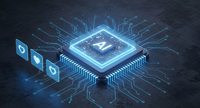 Futuristic AI Chip with Glowing Circuitry and Love Icons, Digital Concept.