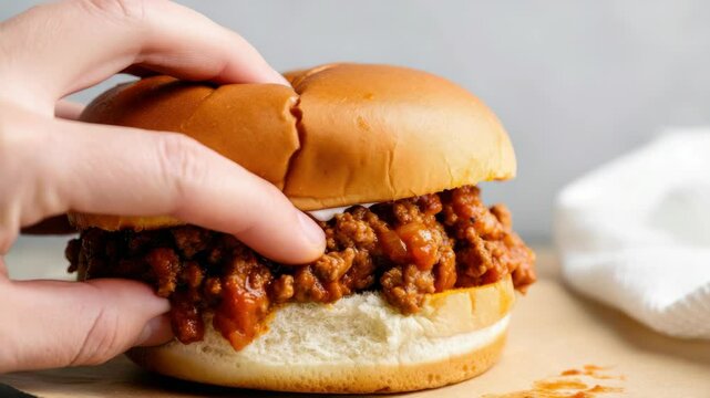Close-up of hand holding sloppy joe sandwich with white napkin in background