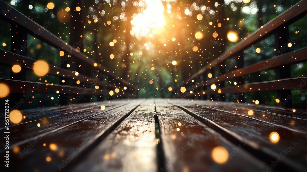 Poster a picturesque wooden bridge in the forest illuminated by soft sunlight, creating a magical atmospher