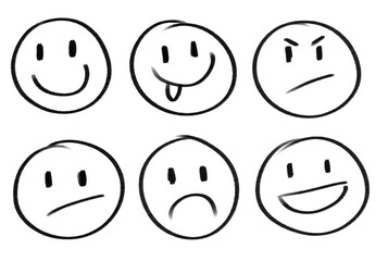 Set of hand-drawn, sketches with different smiley designs, different emotions drawn on black smileys, emojis, 