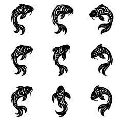 Tribal Koi Fish Silhouettes – Black Stencil Carp and Goldfish Symbols with Asian Tattoo Style on Transparent Background