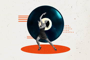 Template collage design trend artwork 3D sketch of vinyl record young lady passion dance weekend...
