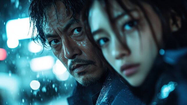An atmospheric capture of a tense moment between two figures in the rain, showcasing their expressions that reflect determination and resilience amid a dark urban backdrop.