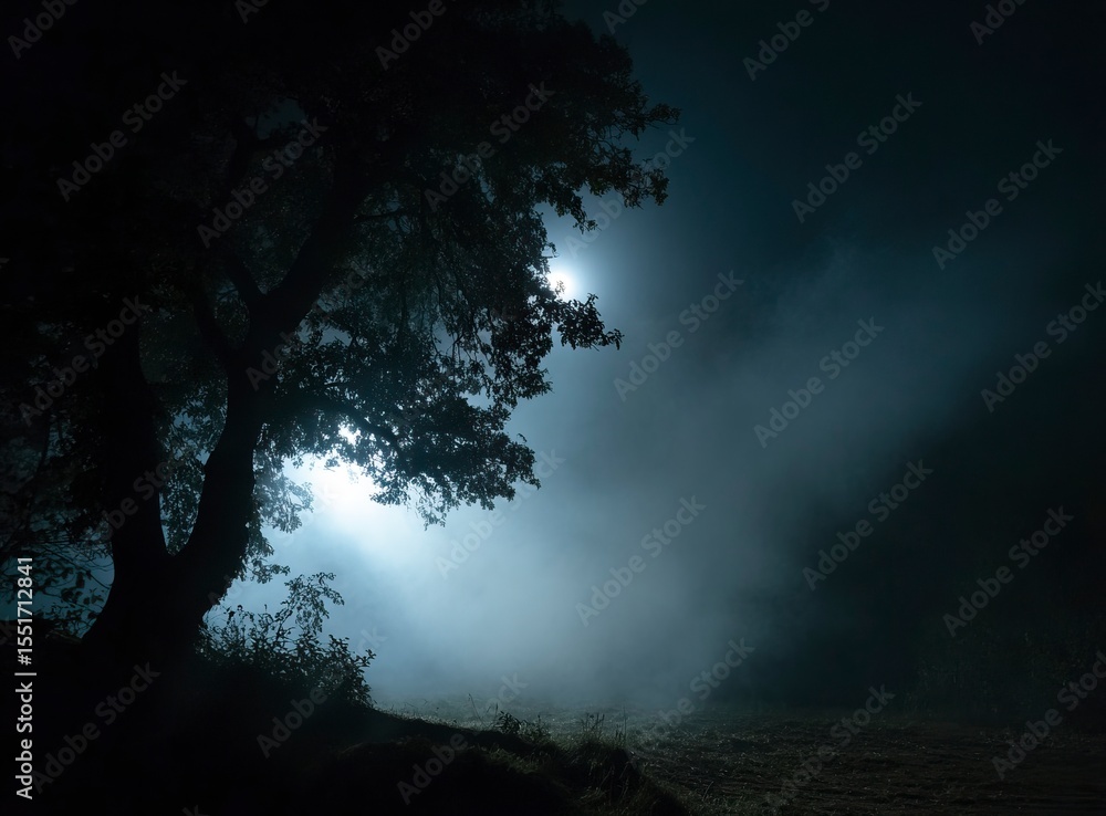 Poster a foggy night with the moon shining through, illuminating an old tree on the left side of the frame.