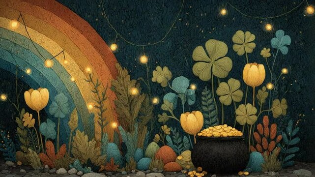 Magical St. Patrick's Day Scene with Pot of Gold, Rainbow and Clover Forest Background