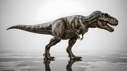 Fototapeta premium Side profile of T. rex roaring, detailed skin, white glossy background.