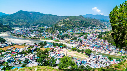 Aerial view of Bageshwar situated at the confluence of rivers Saryu and Gomti in Uttarakhand